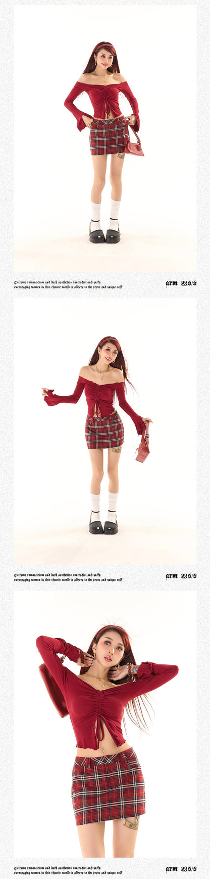 Antmvs Zerocircle Solid Color Knitwear Off-the-Shoulder Ruched Long Flare Sleeve Cropped Top