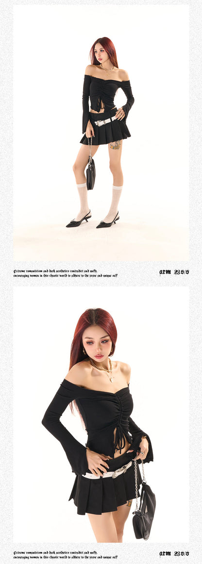Antmvs Zerocircle Solid Color Knitwear Off-the-Shoulder Ruched Long Flare Sleeve Cropped Top