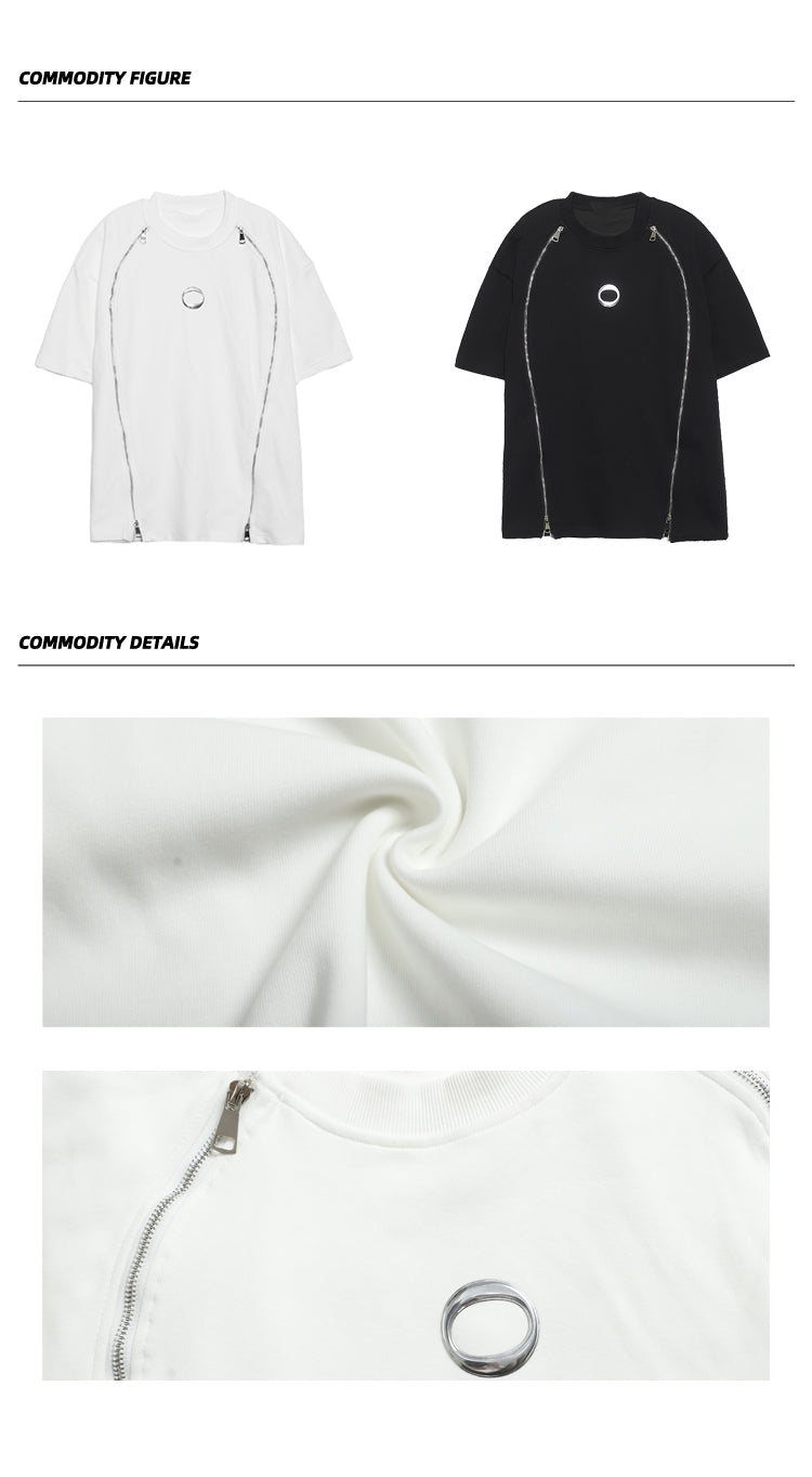 Antmvs Cenza Solid Color Multi-Zipper Short Sleeve Silver Metalic Ring Brooch Tee Shirt Top