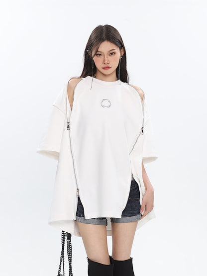 Antmvs Cenza Solid Color Multi-Zipper Short Sleeve Silver Metalic Ring Brooch Tee Shirt Top