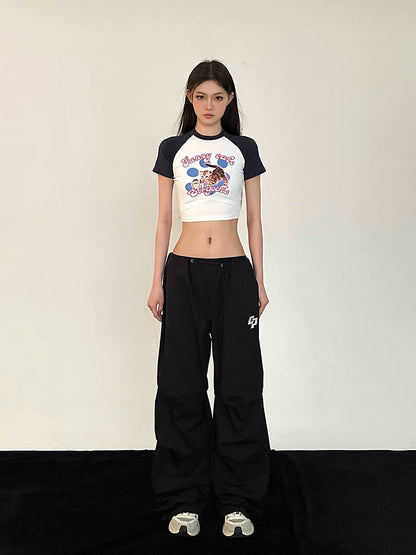 Antmvs Felia Patchwork Graphic Image Print Short Sleeve Slim Cropped Top