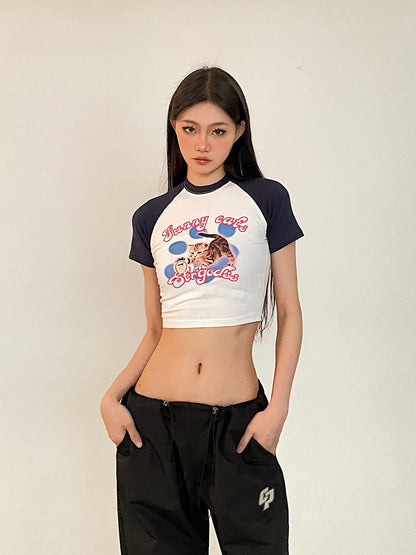 Antmvs Felia Patchwork Graphic Image Print Short Sleeve Slim Cropped Top