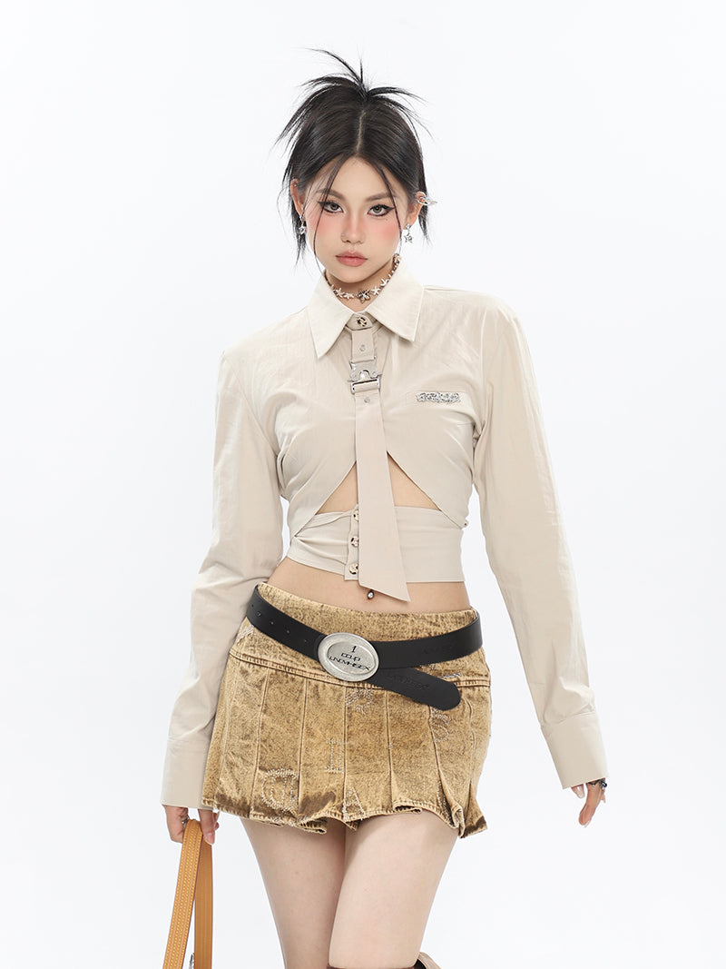 Antmvs Cassy Spice Girl Metal Brooch Solid Color Necktie Long Sleeve Cut Out Waist Wrap Office Shirt Cropped Top