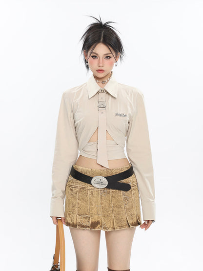 Antmvs Cassy Spice Girl Metal Brooch Solid Color Necktie Long Sleeve Cut Out Waist Wrap Office Shirt Cropped Top