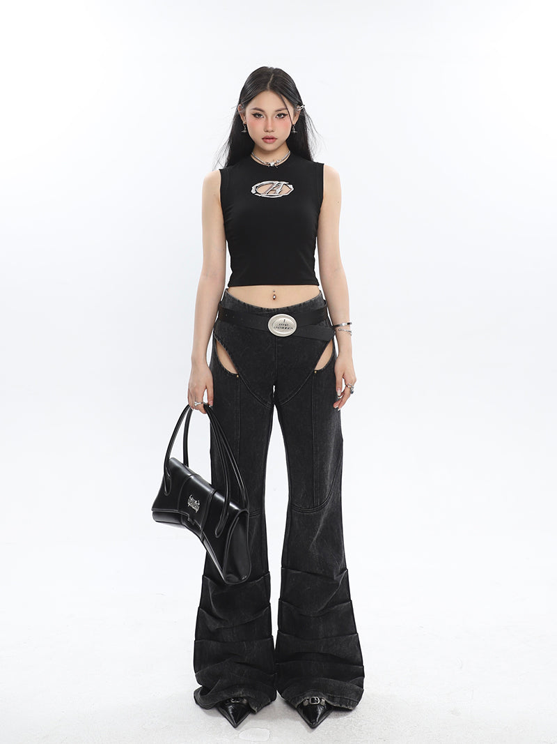 Antmvs Arielle Solid Color Openwork Metallic A Symbol Sleeveless Slim Cropped Top