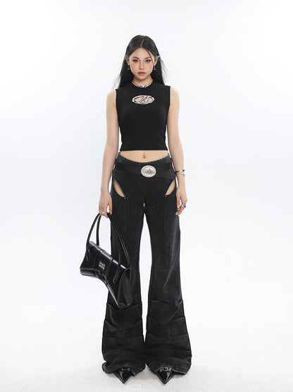 Antmvs Arielle Solid Color Openwork Metallic A Symbol Sleeveless Slim Cropped Top