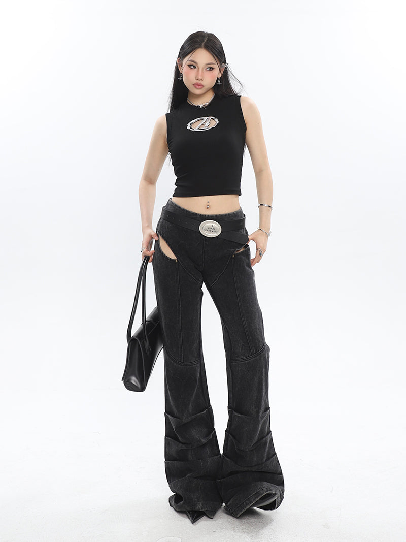 Antmvs Arielle Solid Color Openwork Metallic A Symbol Sleeveless Slim Cropped Top