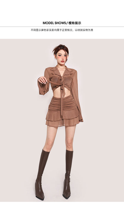 Antmvs Lexi Solid Color Brown Mesh Long Sleeve Front Tie Cropped Top + High Waist Pleated Mini Skirt Matching Set