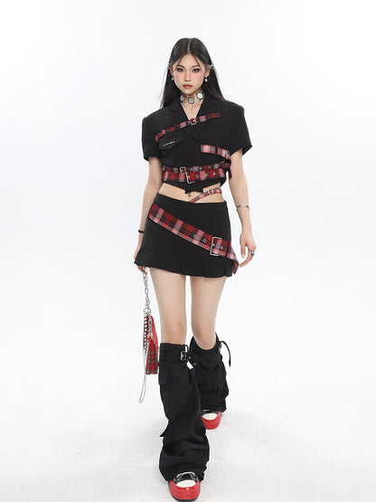 Antmvs Suzy Red Plaid Short Sleeve Waist Belt Cropped Top + High Waist Black Belt Mini Skirt Matching Set