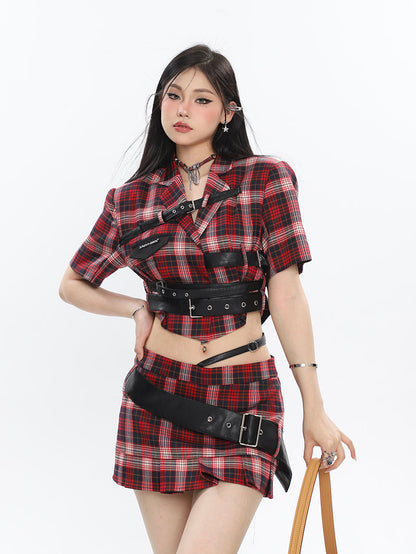 Antmvs Suzy Red Plaid Short Sleeve Waist Belt Cropped Top + High Waist Black Belt Mini Skirt Matching Set