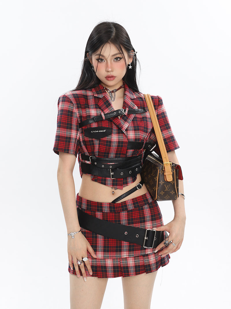 Antmvs Suzy Red Plaid Short Sleeve Waist Belt Cropped Top + High Waist Black Belt Mini Skirt Matching Set