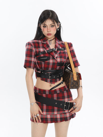 Antmvs Suzy Red Plaid Short Sleeve Waist Belt Cropped Top + High Waist Black Belt Mini Skirt Matching Set