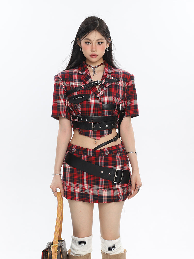 Antmvs Suzy Red Plaid Short Sleeve Waist Belt Cropped Top + High Waist Black Belt Mini Skirt Matching Set