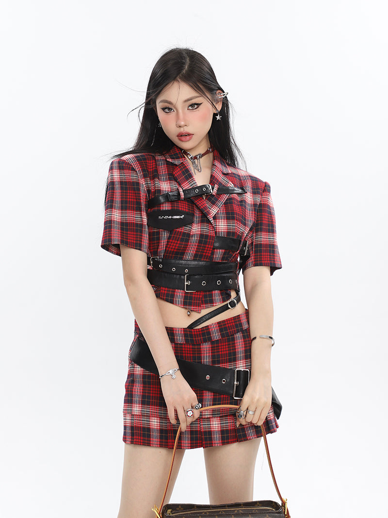 Antmvs Suzy Red Plaid Short Sleeve Waist Belt Cropped Top + High Waist Black Belt Mini Skirt Matching Set