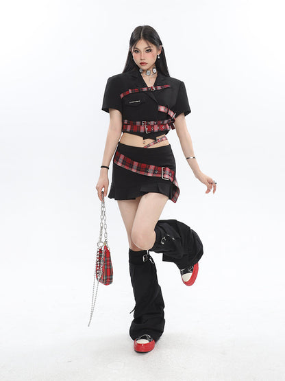 Antmvs Suzy Red Plaid Short Sleeve Waist Belt Cropped Top + High Waist Black Belt Mini Skirt Matching Set