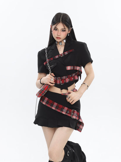 Antmvs Suzy Red Plaid Short Sleeve Waist Belt Cropped Top + High Waist Black Belt Mini Skirt Matching Set