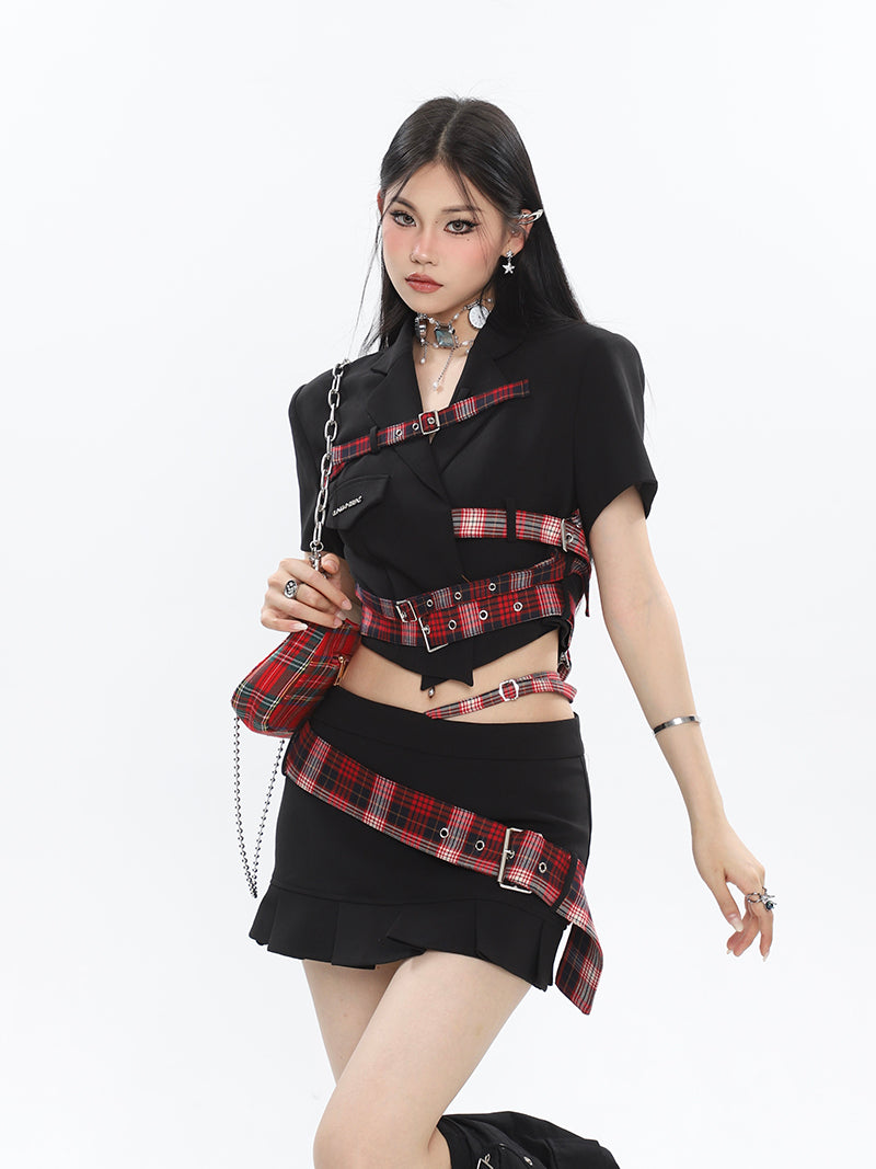 Antmvs Suzy Red Plaid Short Sleeve Waist Belt Cropped Top + High Waist Black Belt Mini Skirt Matching Set