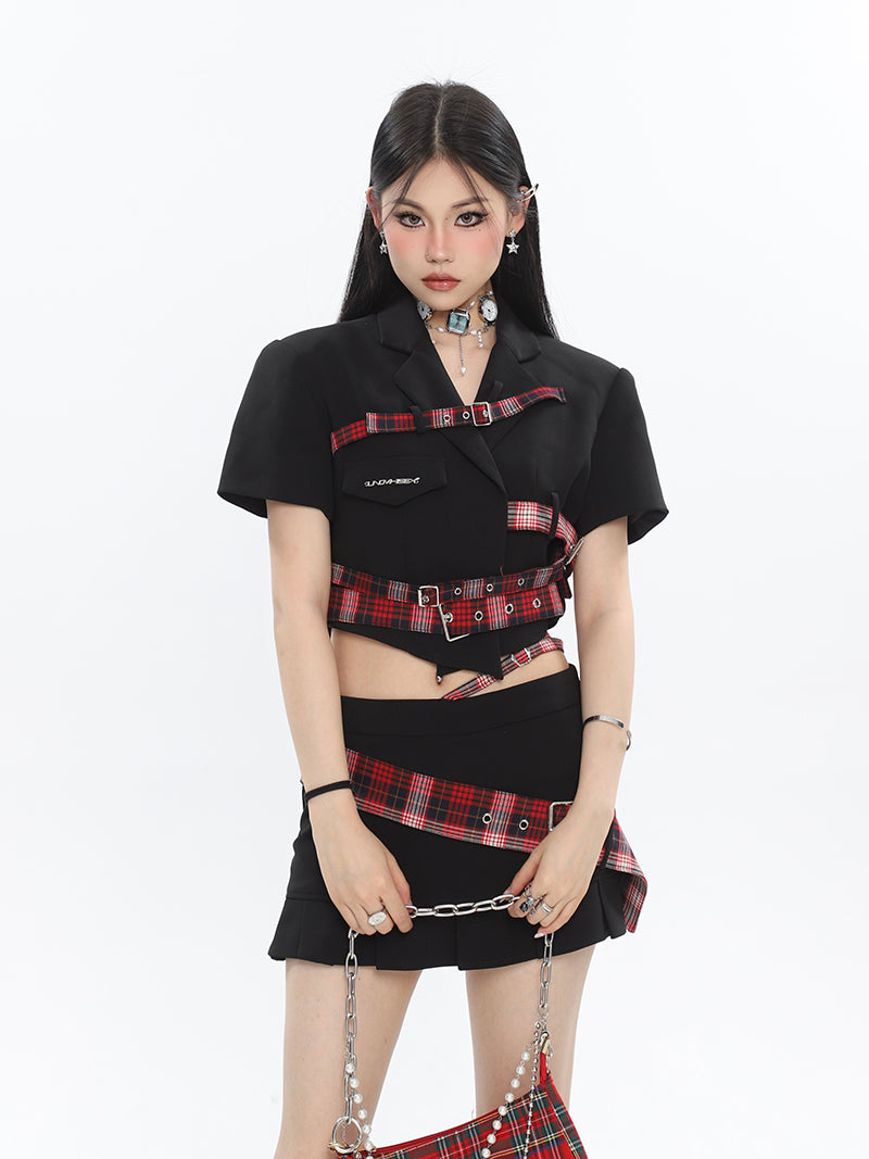 Antmvs Suzy Red Plaid Short Sleeve Waist Belt Cropped Top + High Waist Black Belt Mini Skirt Matching Set