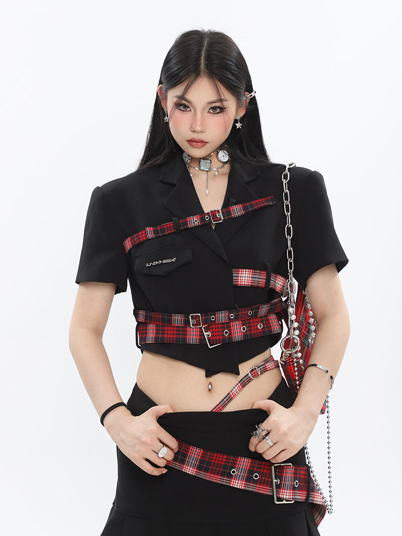 Antmvs Suzy Red Plaid Short Sleeve Waist Belt Cropped Top + High Waist Black Belt Mini Skirt Matching Set