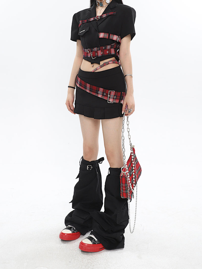 Antmvs Suzy Red Plaid Short Sleeve Waist Belt Cropped Top + High Waist Black Belt Mini Skirt Matching Set