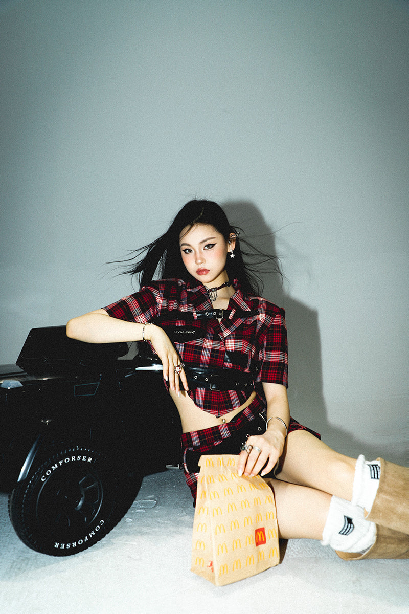 Antmvs Suzy Red Plaid Short Sleeve Waist Belt Cropped Top + High Waist Black Belt Mini Skirt Matching Set