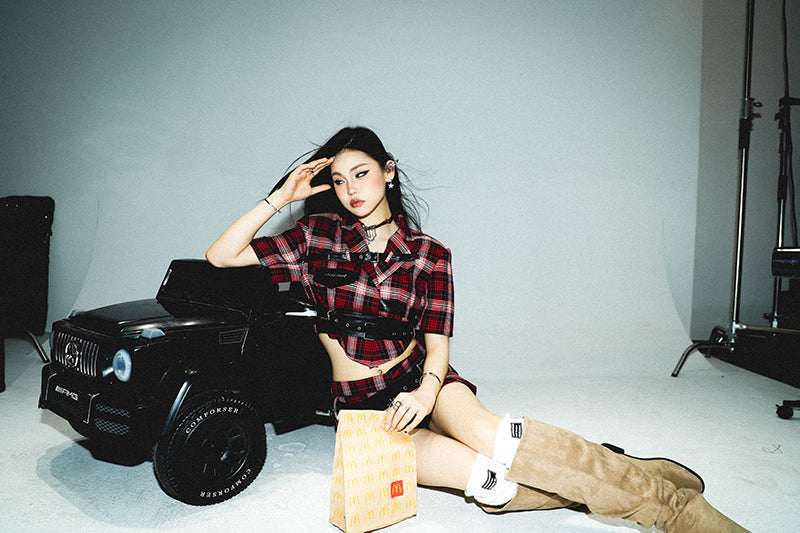 Antmvs Suzy Red Plaid Short Sleeve Waist Belt Cropped Top + High Waist Black Belt Mini Skirt Matching Set