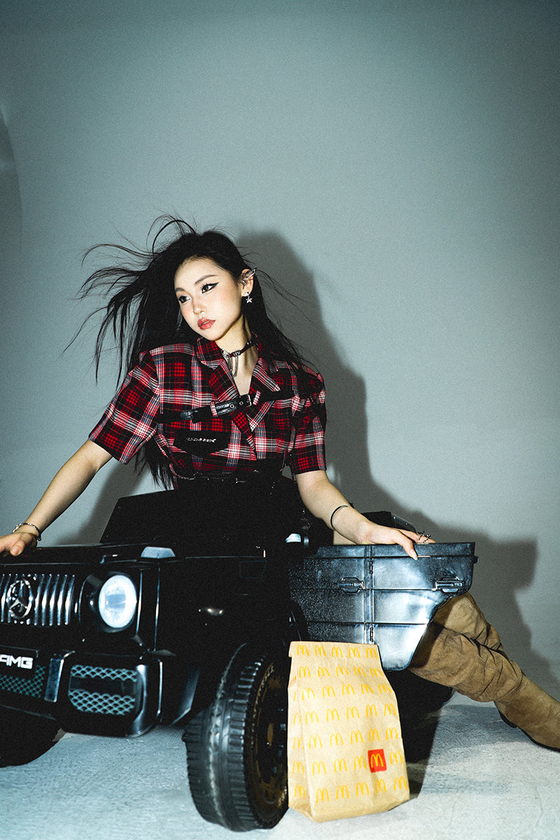 Antmvs Suzy Red Plaid Short Sleeve Waist Belt Cropped Top + High Waist Black Belt Mini Skirt Matching Set