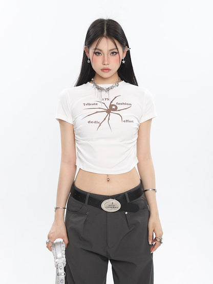 Antmvs Spidergirl Graphic Image Print Short Sleeve Ruched Pleated Cropped Top