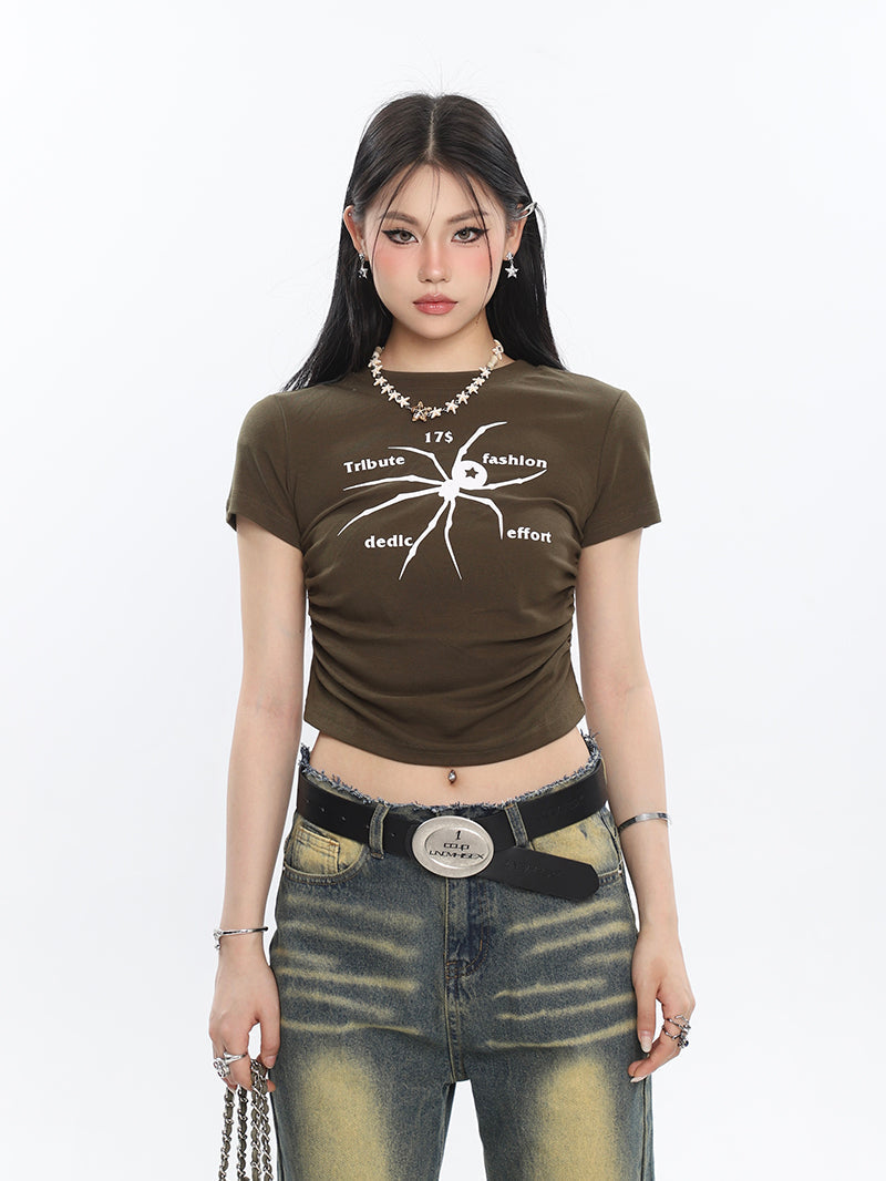 Antmvs Spidergirl Graphic Image Print Short Sleeve Ruched Pleated Cropped Top