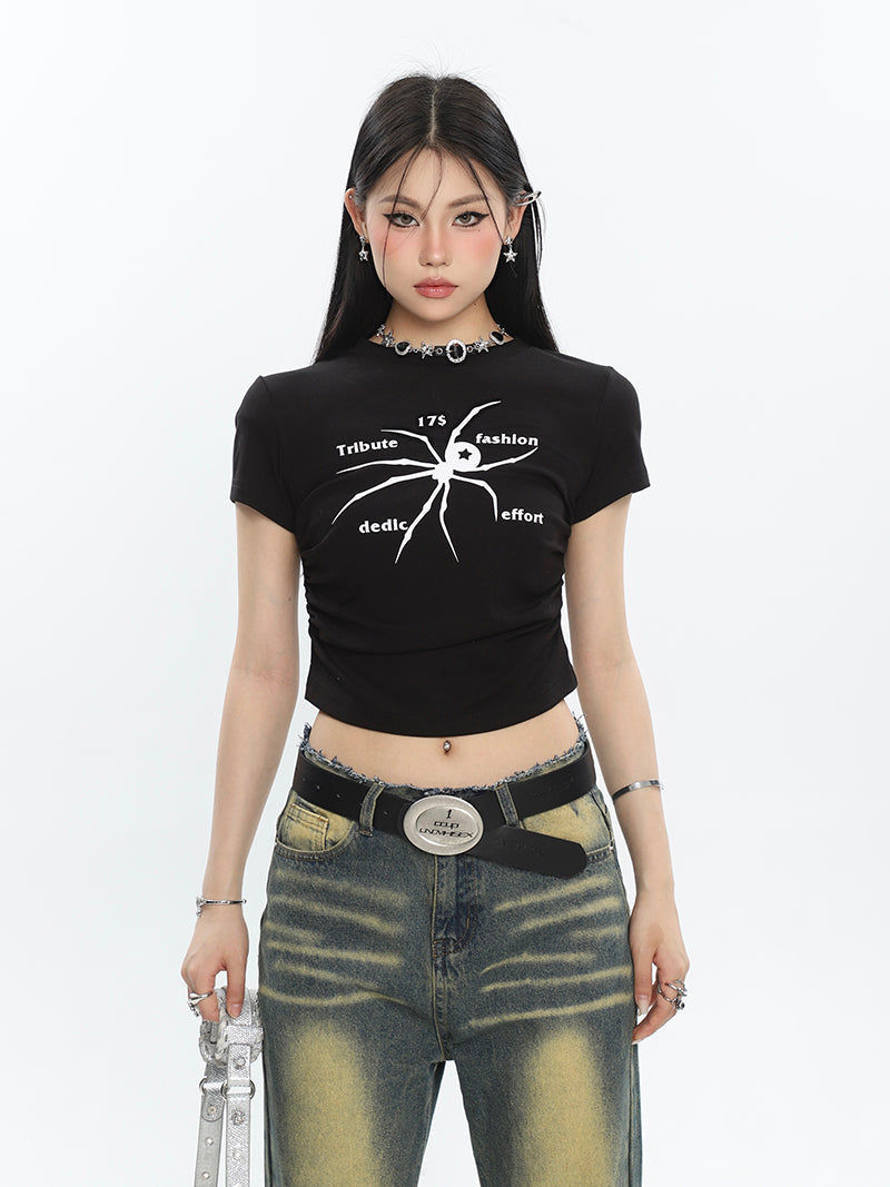 Antmvs Spidergirl Graphic Image Print Short Sleeve Ruched Pleated Cropped Top