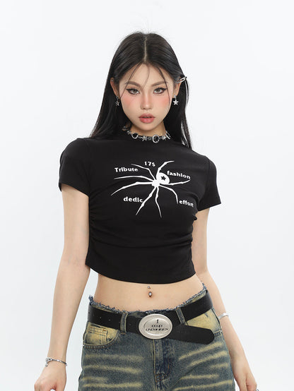 Antmvs Spidergirl Graphic Image Print Short Sleeve Ruched Pleated Cropped Top