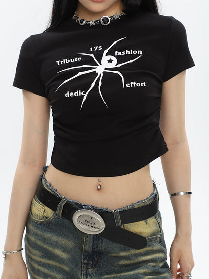 Antmvs Spidergirl Graphic Image Print Short Sleeve Ruched Pleated Cropped Top