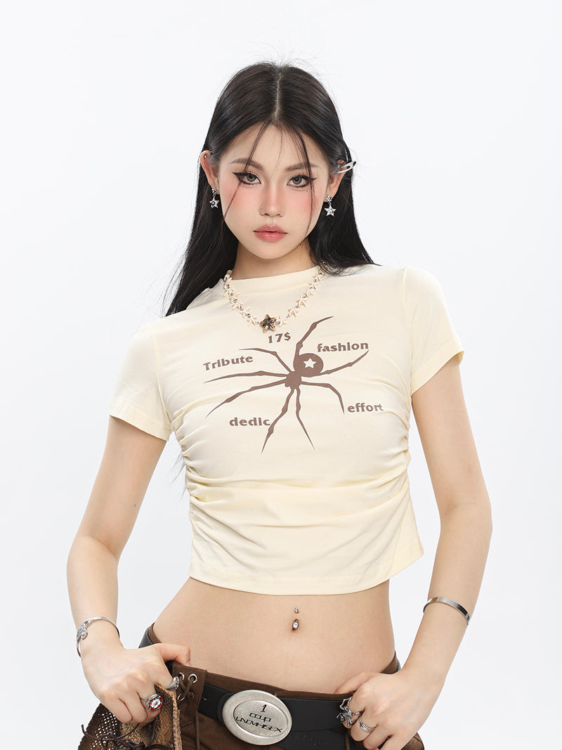 Antmvs Spidergirl Graphic Image Print Short Sleeve Ruched Pleated Cropped Top