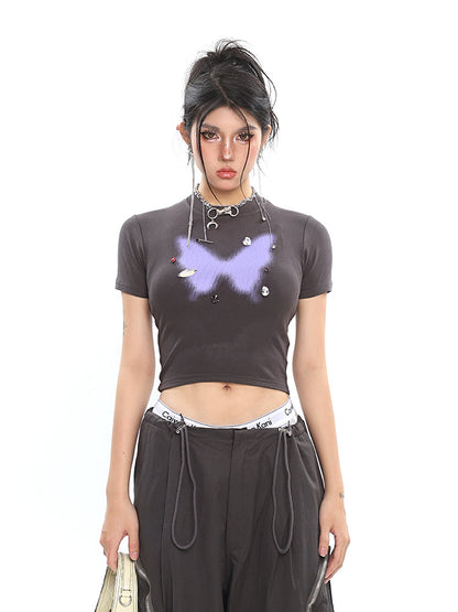 Antmvs Mariposa Solid Color Butterfly Image Print Short Sleeve Slim Cropped Top