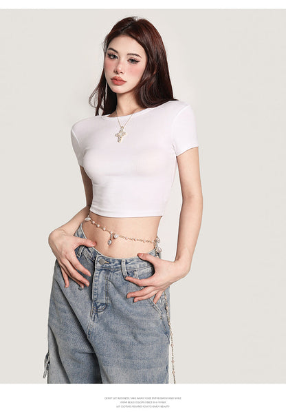 Antmvs Selene Solid Color Slim Short Sleeve Basic Cropped Top