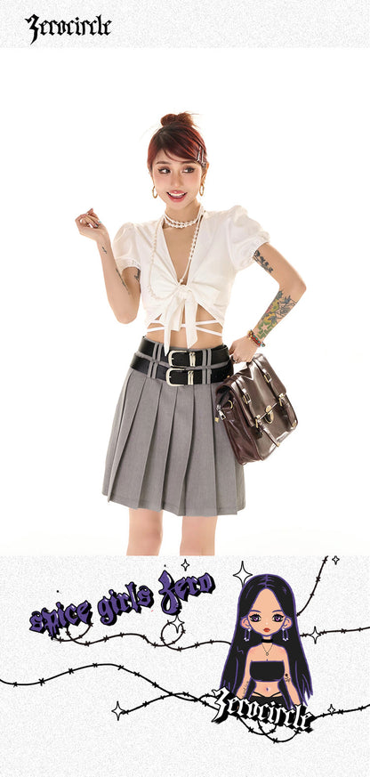 Antmvs Zella Solid Color White Lace-up V-Neck Front Tie Cropped Top