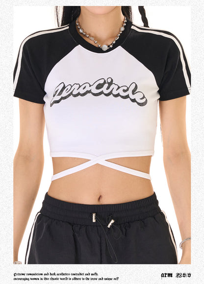 Antmvs Zerocircle Contrast Color Short Sleeve Lace Tie Cropped Top