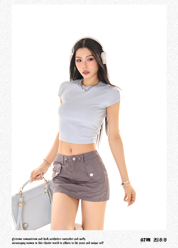 Antmvs Wild Zerocircle Solid Color Short Sleeve Slim Back Tie Basic Casual Cropped Top