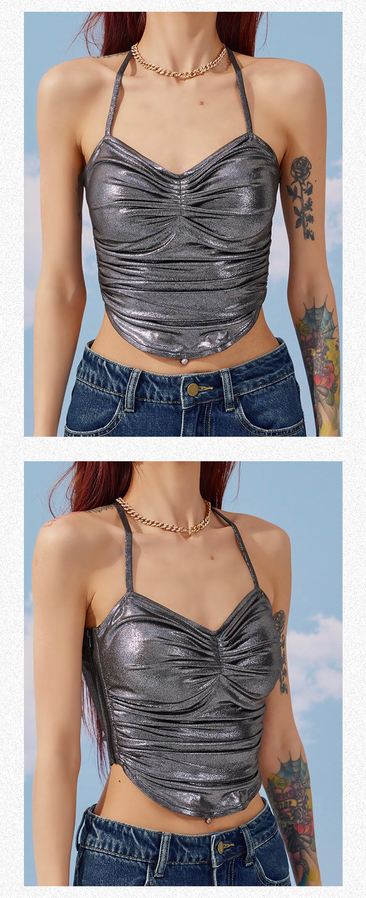 Antmvs Sarah Solid Color Metallic Chest Pads Spaghetti Strap Pleated Slim Pleated Cropped Top