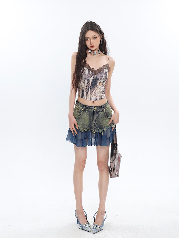 Antmvs Julia Leopard-print Lace Patchwork Spaghetti V-Neck Slim Strap Camisole Top