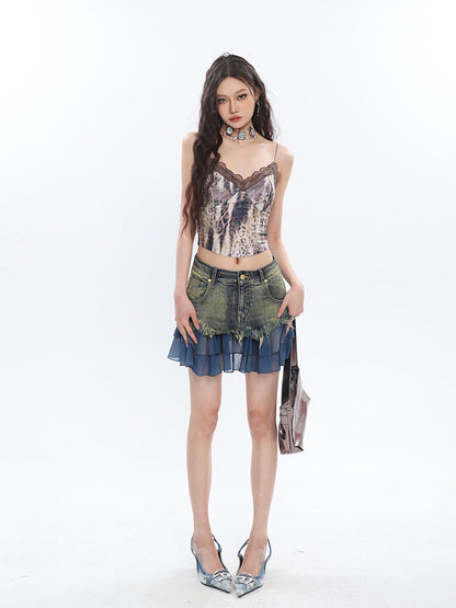 Antmvs Julia Leopard-print Lace Patchwork Spaghetti V-Neck Slim Strap Camisole Top