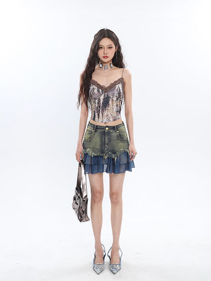 Antmvs Julia Leopard-print Lace Patchwork Spaghetti V-Neck Slim Strap Camisole Top