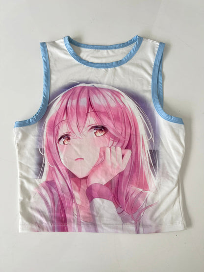 Antmvs Sakura Otaku Pink Stretch Shoujo Manga Sleeveless Blue Slim Top