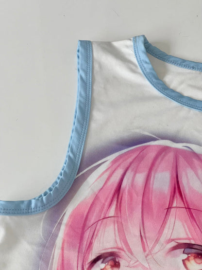 Antmvs Sakura Otaku Pink Stretch Shoujo Manga Sleeveless Blue Slim Top