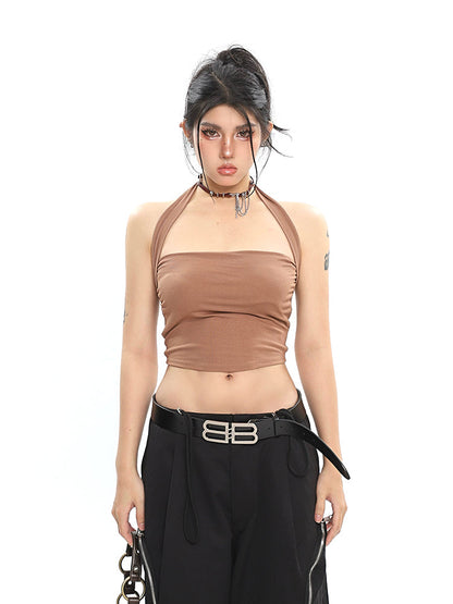 Antmvs Lila Solid Color Basic Halter Multi-Color Stretch Slim Cropped Top