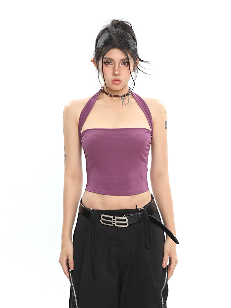 Antmvs Lila Solid Color Basic Halter Multi-Color Stretch Slim Cropped Top