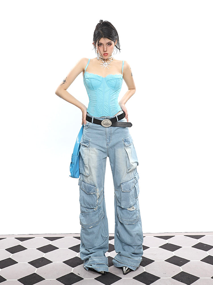 Antmvs Kiara Solid Color Lake Blue Fishbone Spaghetti Strap Corset Camisole Top