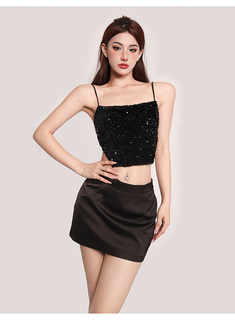 Antmvs Xia Solid Color Sequin Spaghetti Strap Irregular Camisole Top