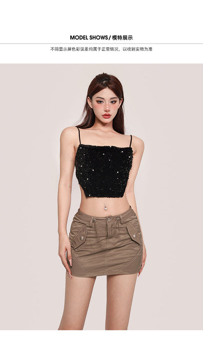 Antmvs Xia Solid Color Sequin Spaghetti Strap Irregular Camisole Top