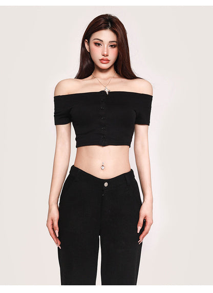 Antmvs Carla Solid Color Off-the-Shoulder Button Up Slim Cropped Top